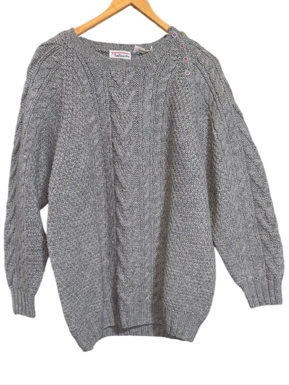Talbots Gray Wool Cable Knit Button-Shoulder Sweater